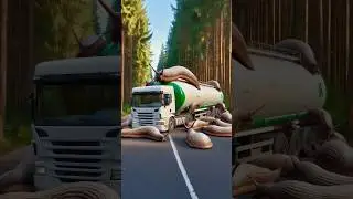 Evolution from a tanker truck surrounded by huge slugs to a rusty truck flowering in the city