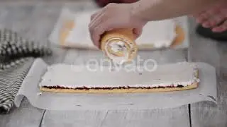 Pastry Chef Making Sponge Cake with Vertical Layers and Blackcurrant Jam, Series | Stock Footage...