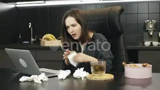Ill woman with cold, coughing and sneezing working from home office | Stock Footage - Envato ele...