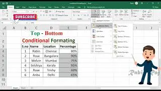 Excel Conditional Formatting : Highlight Top 10 values - Highlight Bottom 10 values in Excel sheet.