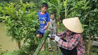 full video of how a single mother builds a bamboo bridge across a stream