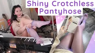 Purple Pantyhose Try On Shiny Crotchless, Nylons Tights Stockings Try On Review, Soles Toes Feet