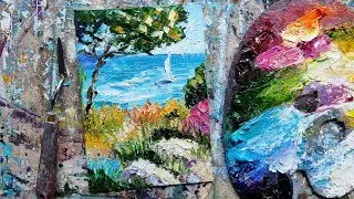 ЦВЕТЫ, МОРЕ, ЯХТА мастихином импасто